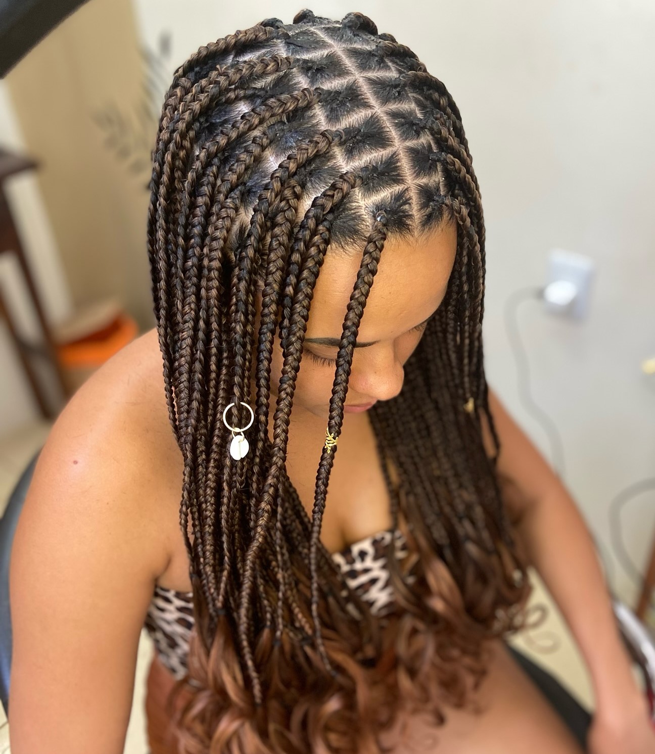 Box Braids with Curly Ends and Hair Jewelry