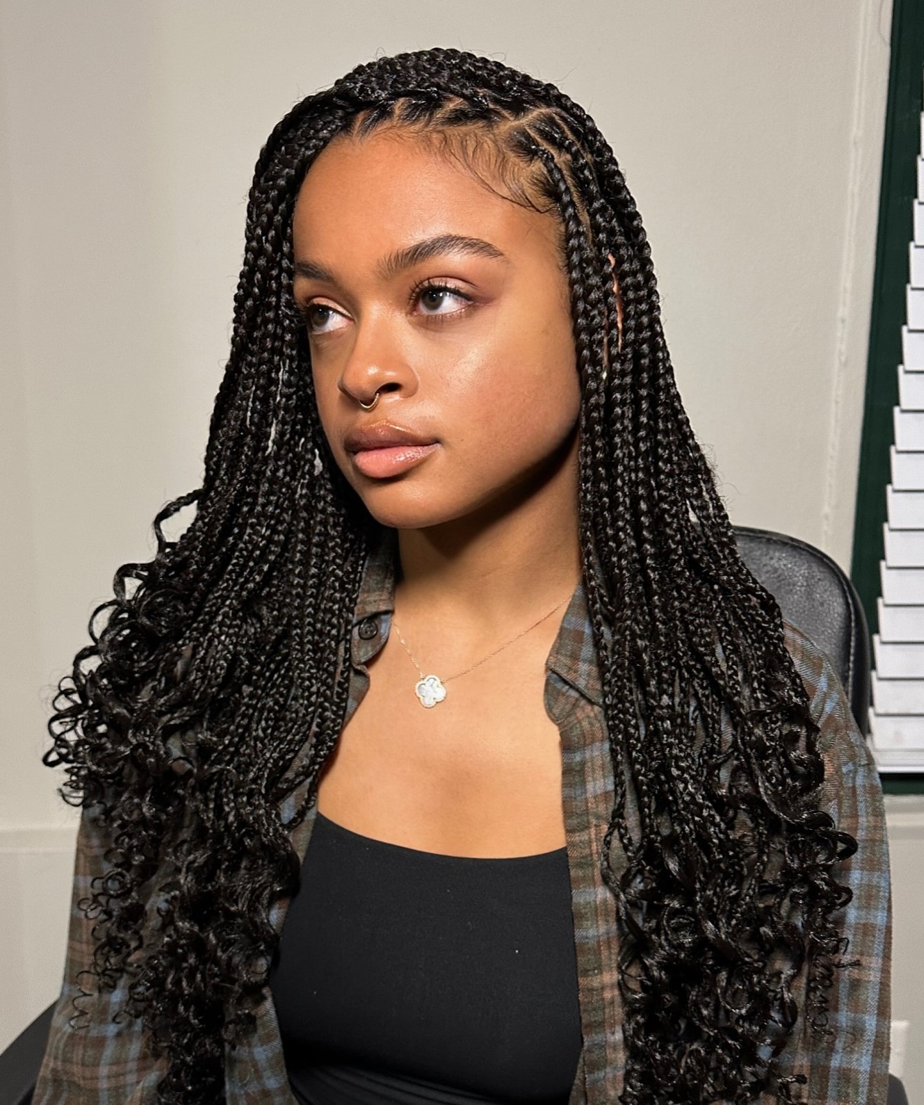 Side Swept Box Braids with Curled Tips