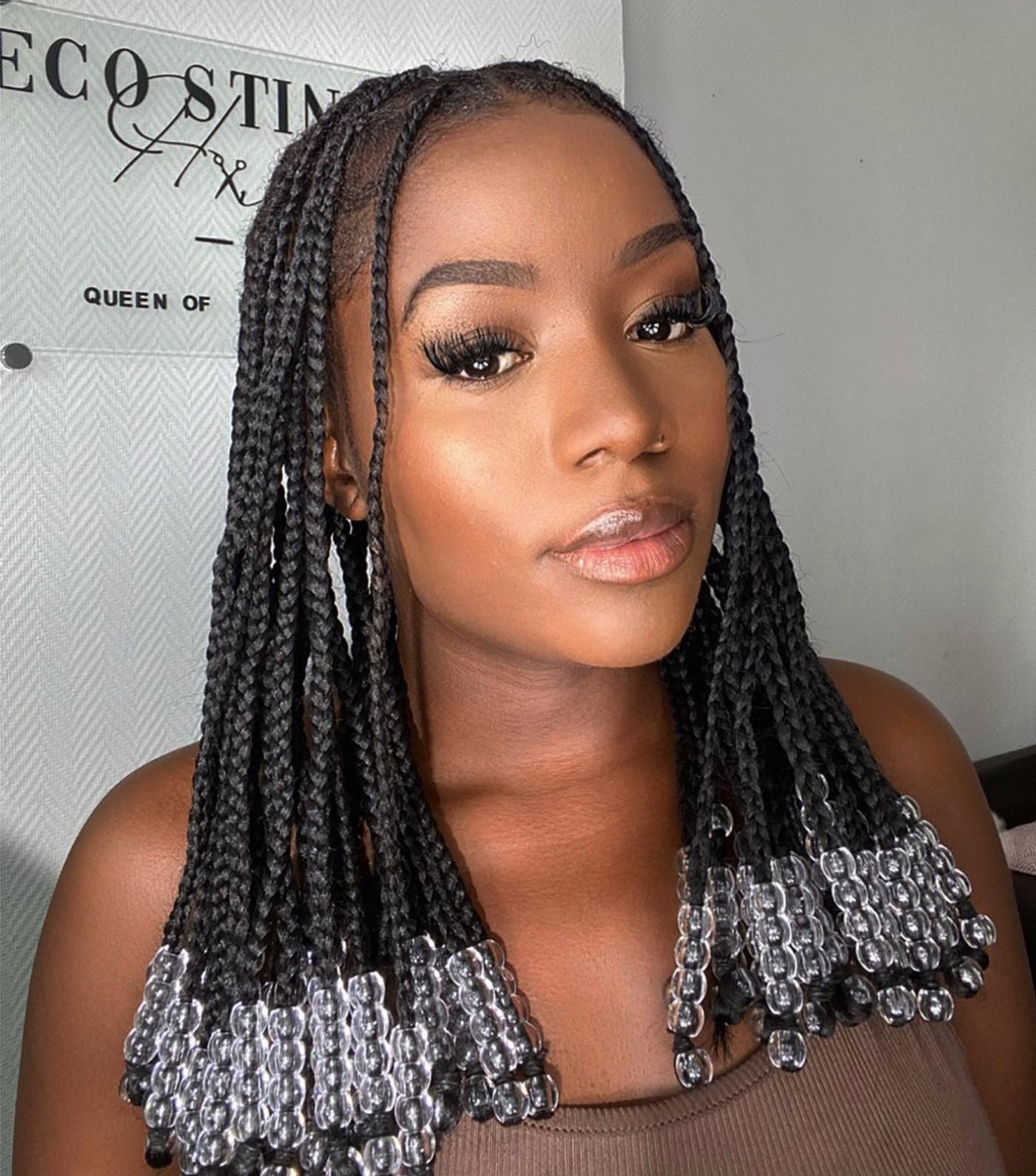 Medium Length Box Braids with Clear Beads